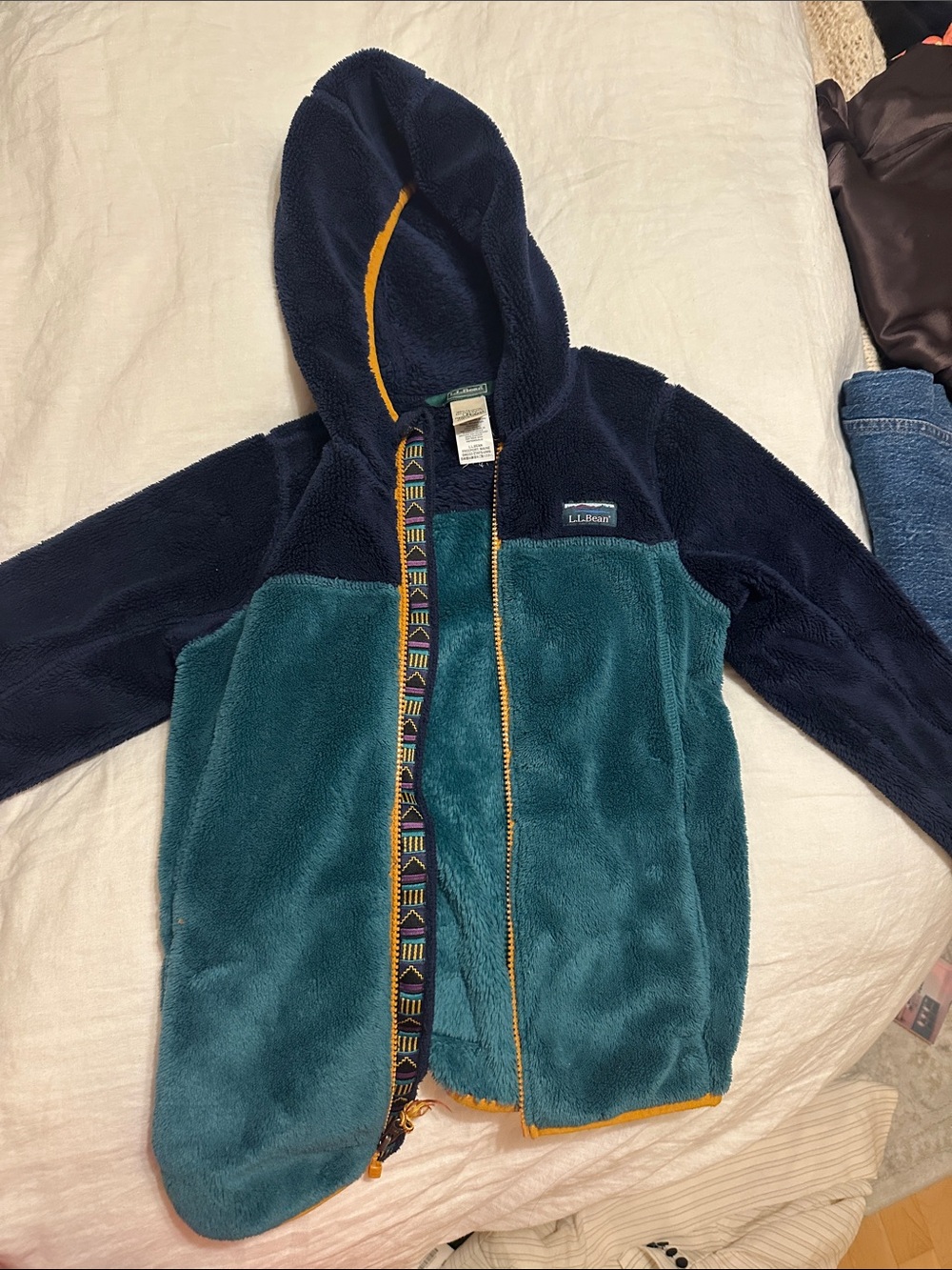 L.L. Bean Kids Hooded Two-Tone Fleece Jacket in Teal & Navy with Yellow Trim